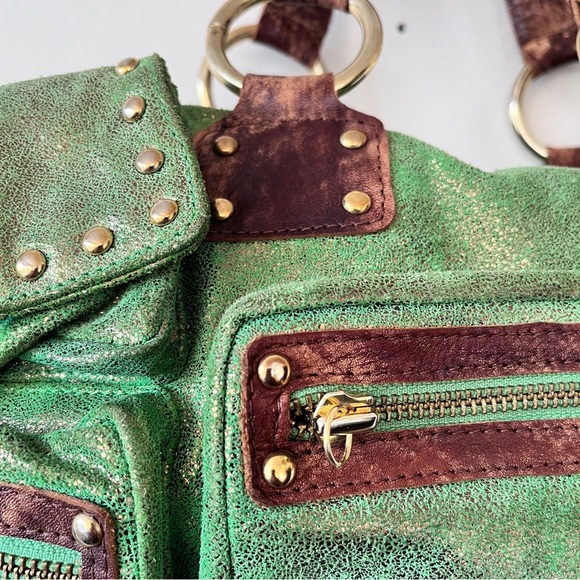Vintage Y2K Betsey Johnson Metallic Green Leather Studded Cargo Bag - Picture 6 of 16